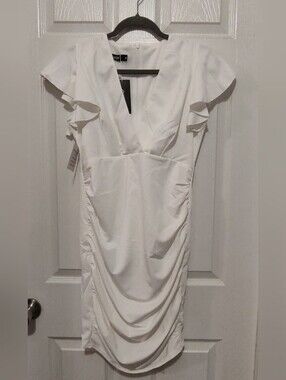 Owin White V-Neck Ruffle Sleeve Midi Dress